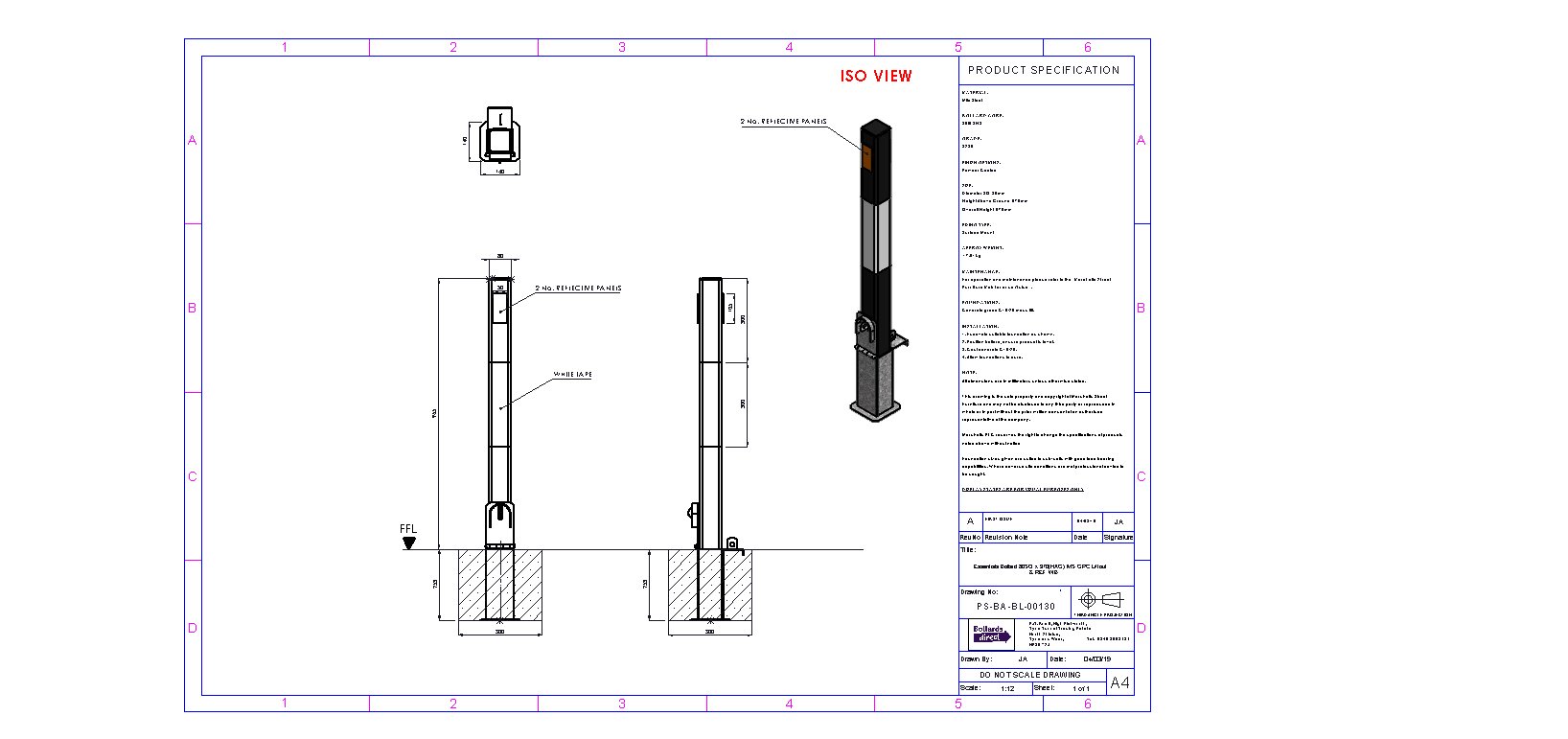 Essentials Steel Lift Out Bollard 80mm x 965mm  - Specification table
