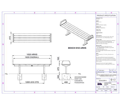 Citi Elements Bench with End Arms Specification - Hardwood Powder Coated