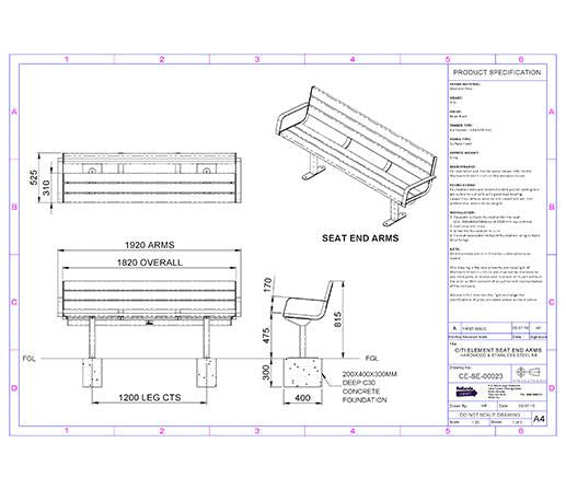 Citi Elements Seat with End Arms Specification - Hardwood Stainless Steel Bead Blasted