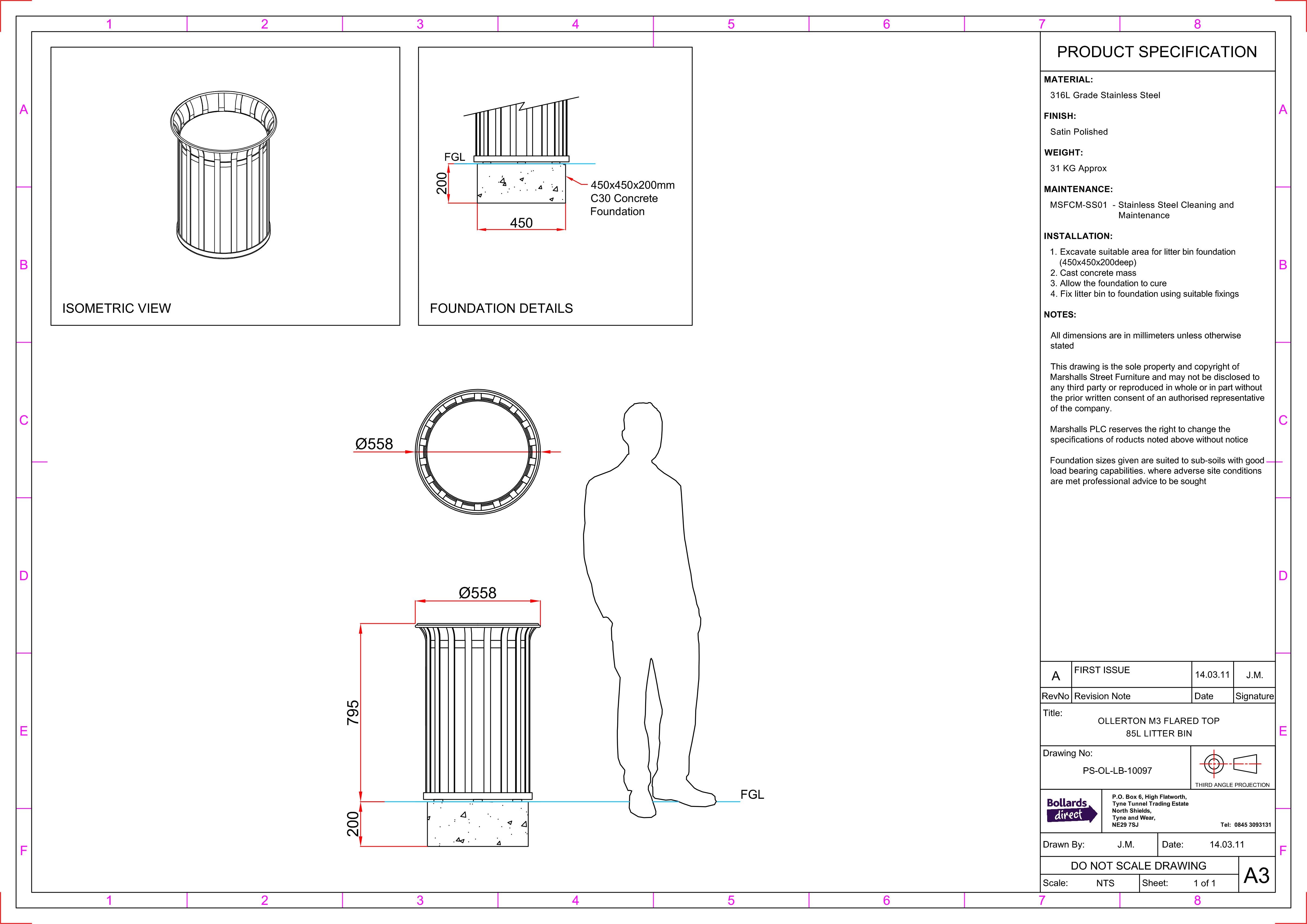 Ollerton M3 Contemporary Stainless Steel Flared Top 85L Litter Bin