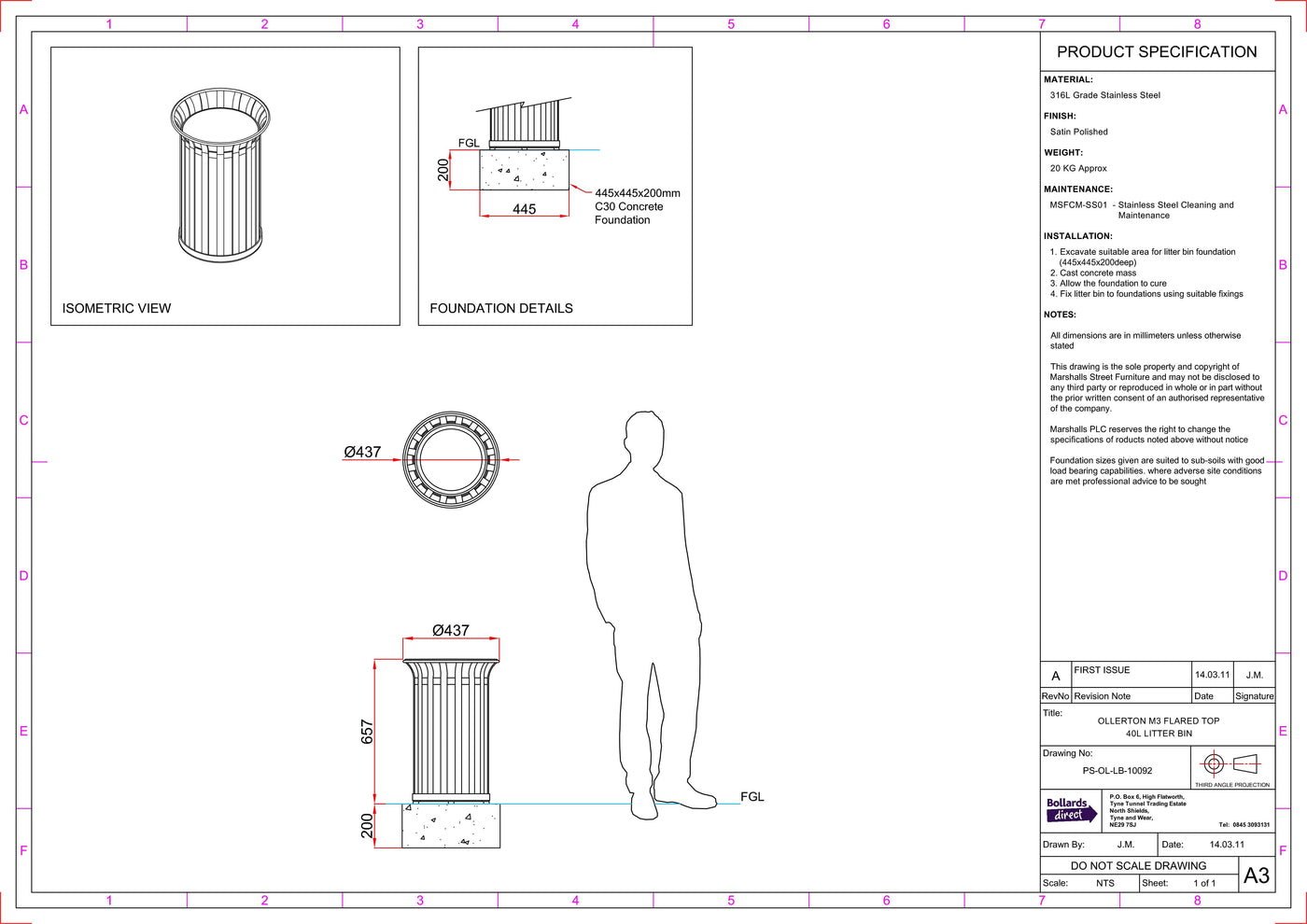 Ollerton M3 Contemporary Stainless Steel Flared Top 40L Litter Bin