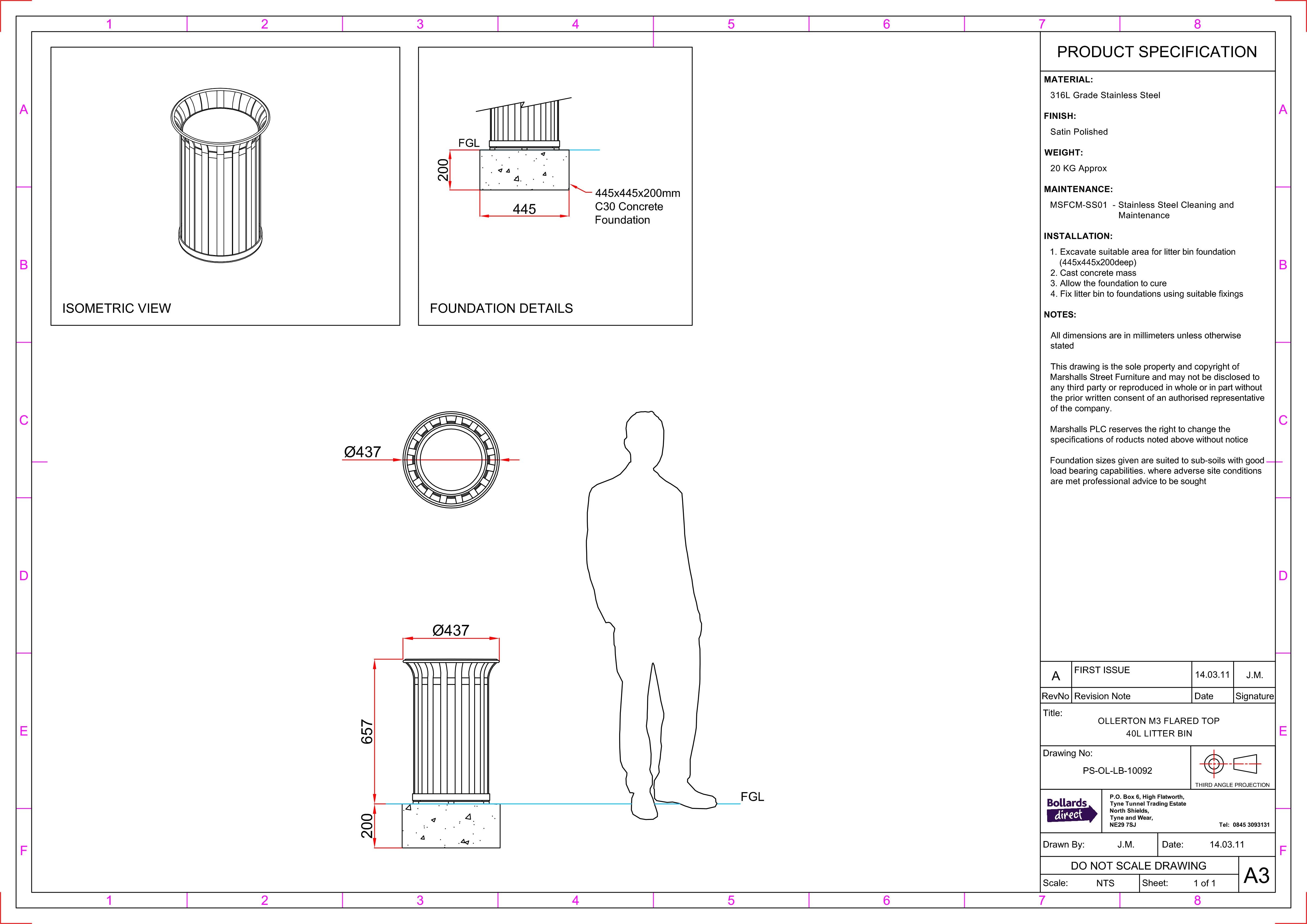 Ollerton M3 Contemporary Stainless Steel Flared Top 40L Litter Bin