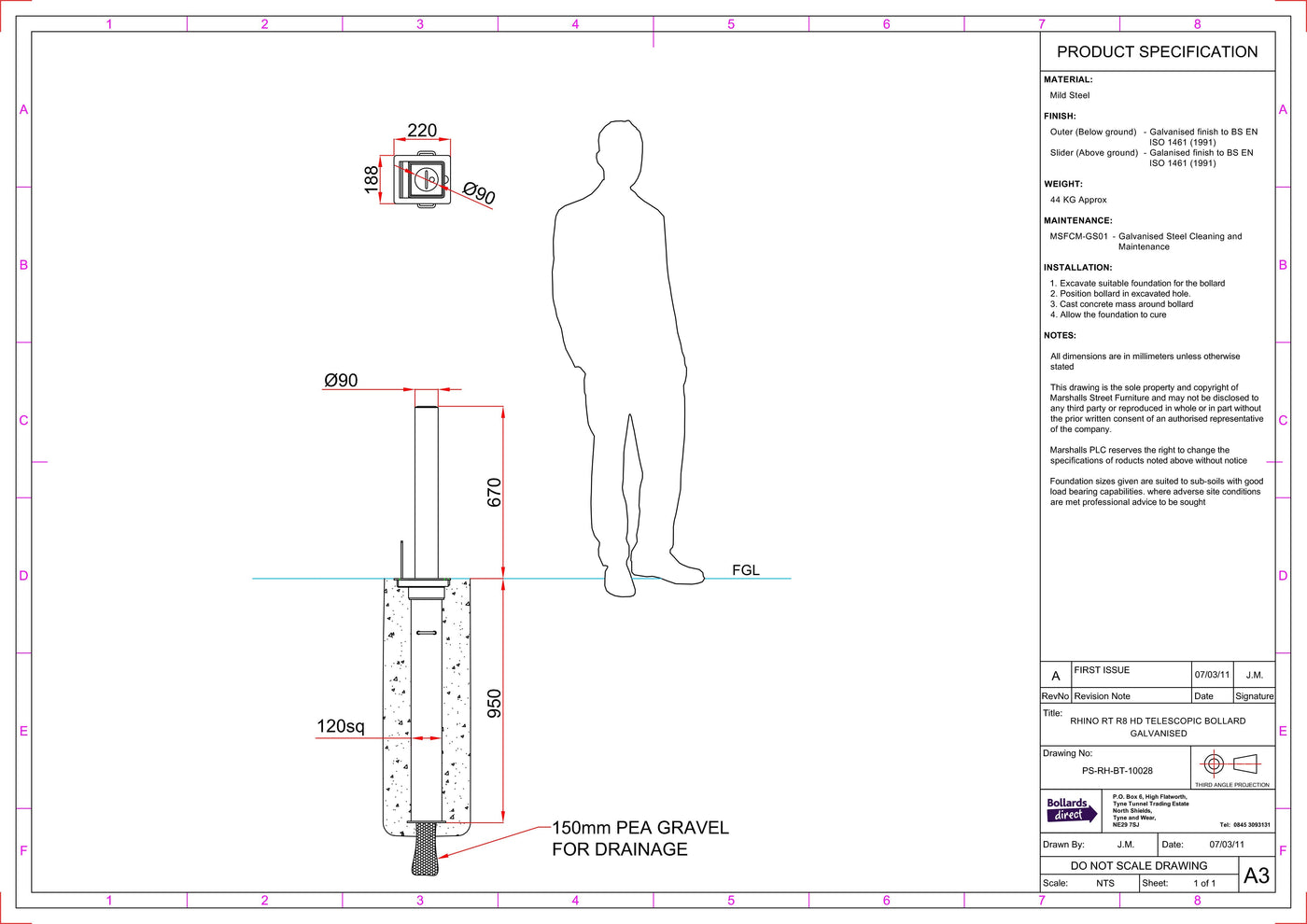 Rhino RT R8 Heavy Duty Round Galvanised Steel Telescopic Bollard