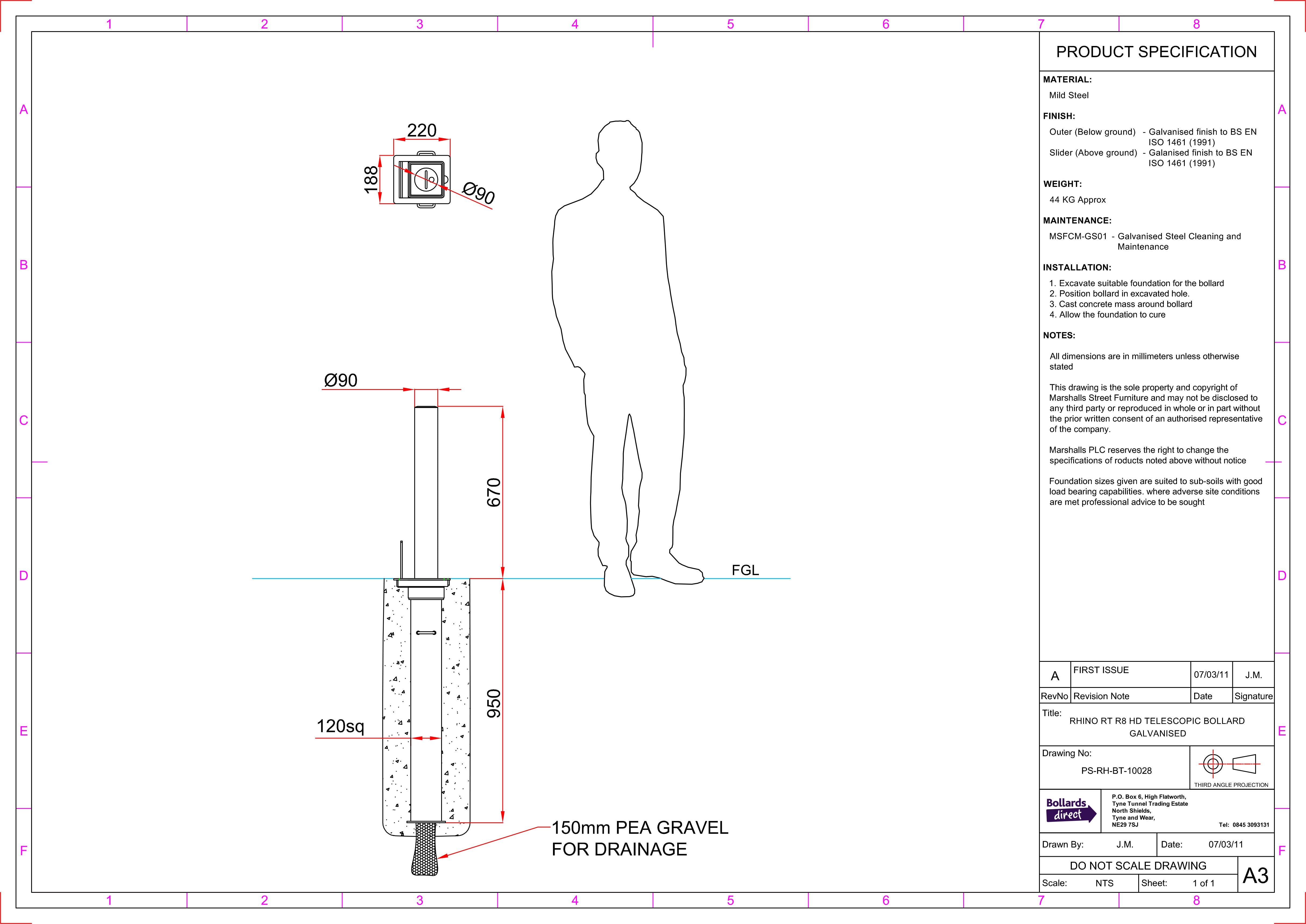 Rhino RT R8 Heavy Duty Round Galvanised Steel Telescopic Bollard