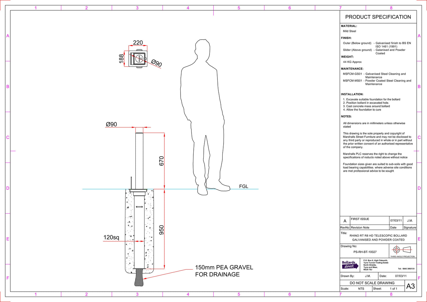 Rhino RT R8 Heavy Duty Round Steel Powder Coated Telescopic Bollard