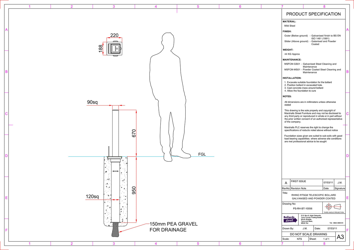 Rhino RTSQ8 Heavy Duty Square Steel Powder Coated Telescopic Bollard